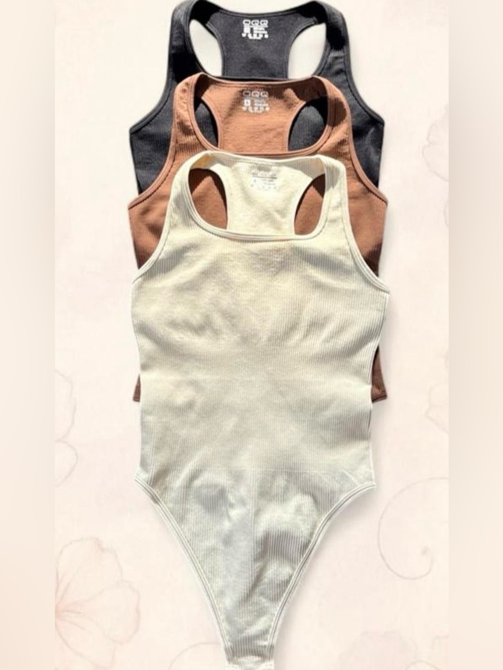OQQ size small Ribbed Racerback One-Piece Bodysuits- Cream, Brown, Black